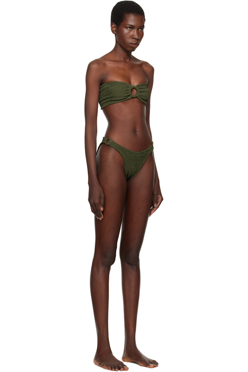 Shirred stretch nylon jersey bandeau-style bikini top.

· Sweetheart neck
· O-ring and gathering at chest
· Unlined

Shirred stretch nylon jersey bikini bottom.

· Elasticized waistband
· O-ring at sides
· Unlined

This product uses Original Crinkle™ Technology. Fits US sizes 2-12.

Supplier color: Metallic khaki