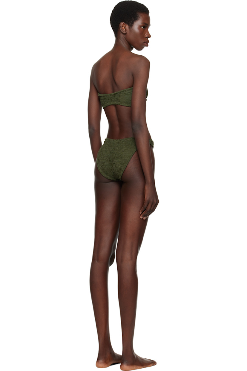 Shirred stretch nylon jersey bandeau-style bikini top.

· Sweetheart neck
· O-ring and gathering at chest
· Unlined

Shirred stretch nylon jersey bikini bottom.

· Elasticized waistband
· O-ring at sides
· Unlined

This product uses Original Crinkle™ Technology. Fits US sizes 2-12.

Supplier color: Metallic khaki