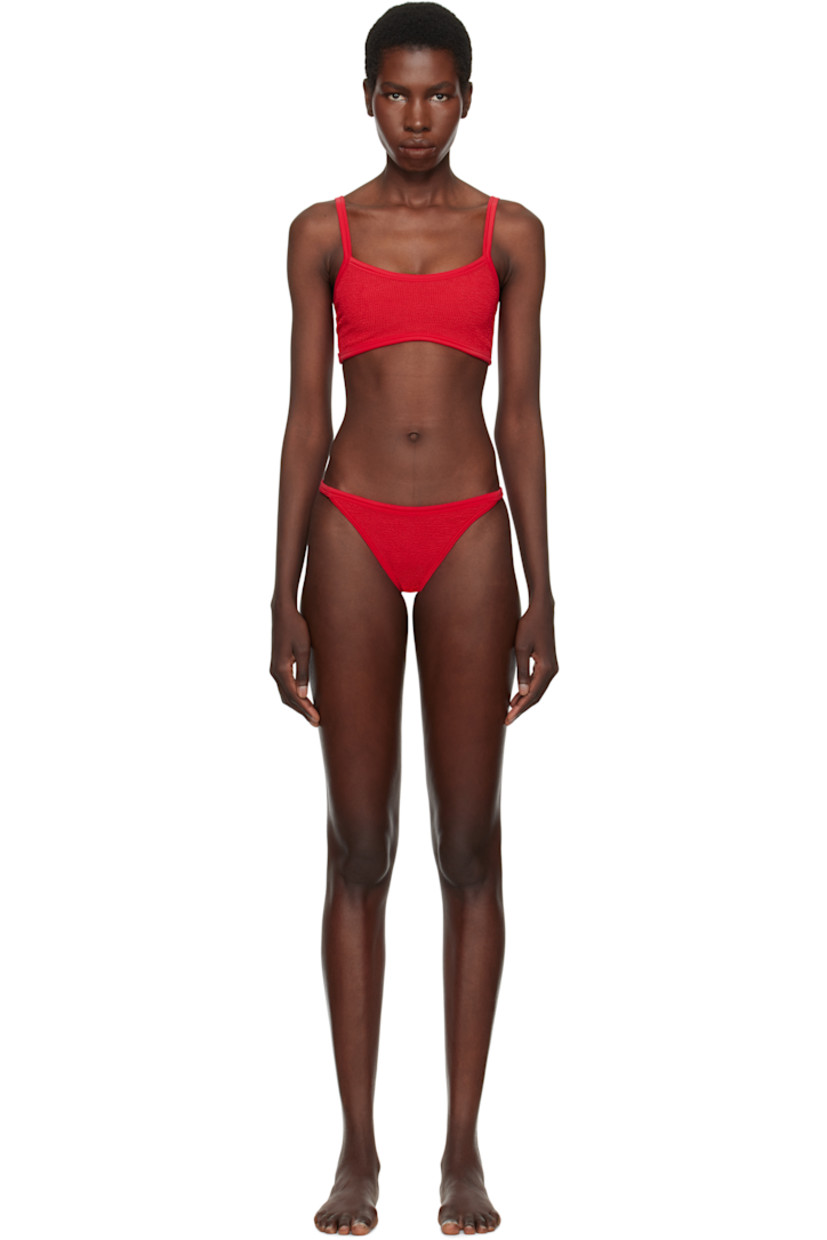 Shirred stretch nylon jersey bikini top.

· Square neck
· Fixed spaghetti straps
· Unlined

Shirred stretch nylon jersey bikini bottom.

· Elasticized waistband
· Unlined

This product uses Original Crinkle™ Technology. Fits US sizes 2-12.

Supplier color: Red