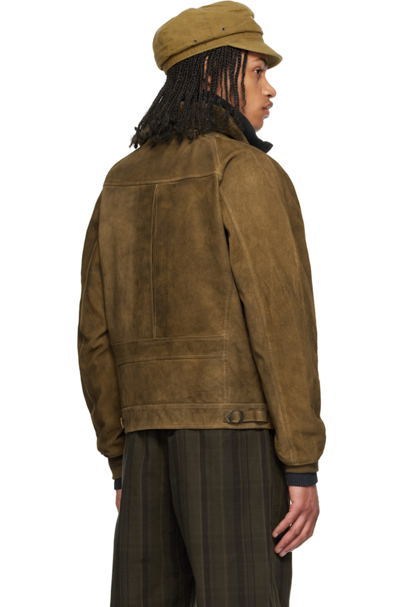 Suede and lambskin shearling jacket. 

· Paneled construction 
· Spread collar
· Button closure
· Welt pockets
· Raglan sleeves
· Rib-knit cuffs
· Inverted box pleat at yoke 
· Adjustable cinch tabs at back hem 
· Welt pocket at interior 
· Check pattern at yarn-dyed cotton flannel lining 
· Brushed chamois pocket lining 
· Corozo hardware 

Supplier color: Vintage brown