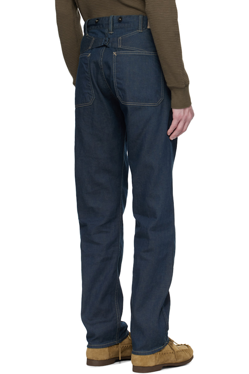 Indigo-dyed non-stretch Sanforized® cotton- and linen-blend denim jeans.

· Straight-leg
· Mid-rise
· Belt loops and suspender buttons at waistband
· Five-pocket styling
· Button fly
· Patch pocket at outseam
· Logo patch and cinch strap at back waistband
· Logo-engraved antiqued silver-tone hardware
· Contrast stitching in beige

Supplier color: Dark indigo wash