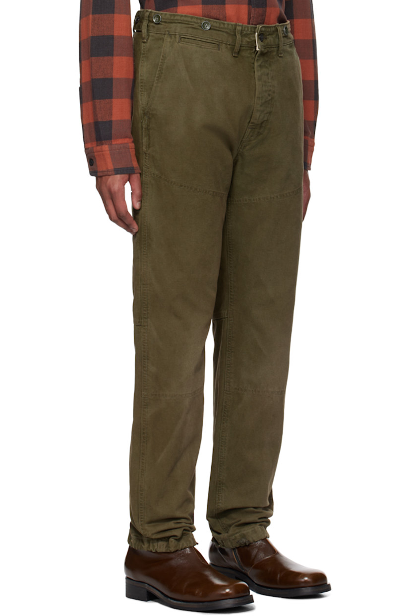Straight-leg cotton canvas trousers. 

· Mid-rise
· Belt loops and buttons at waistband 
· Five-pocket styling
· Button fly
· Reinforced panel at knees and back
· Drawstring at cuffs
· Press-stud tabs at back waistband

Supplier color: Olive