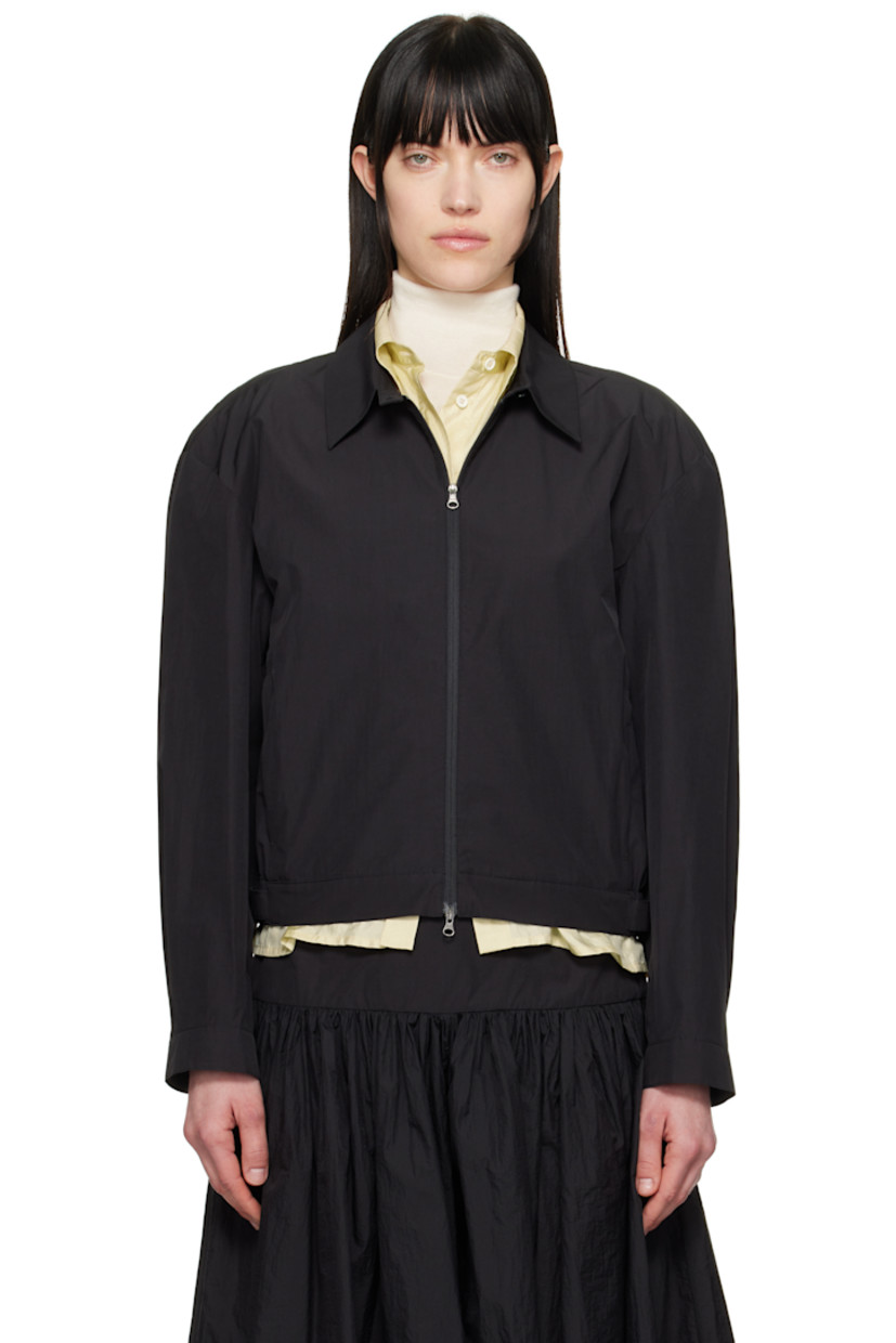 Lightweight crinkled polyester- and cotton-blend taffeta jacket.

· Button tab at spread collar
· Two-way zip closure 
· Darts at front 
· Seam pockets
· Partially elasticized cropped hem
· Adjustable button tab at cuffs
· Adjustable button tabs at back hem

Supplier color: Black