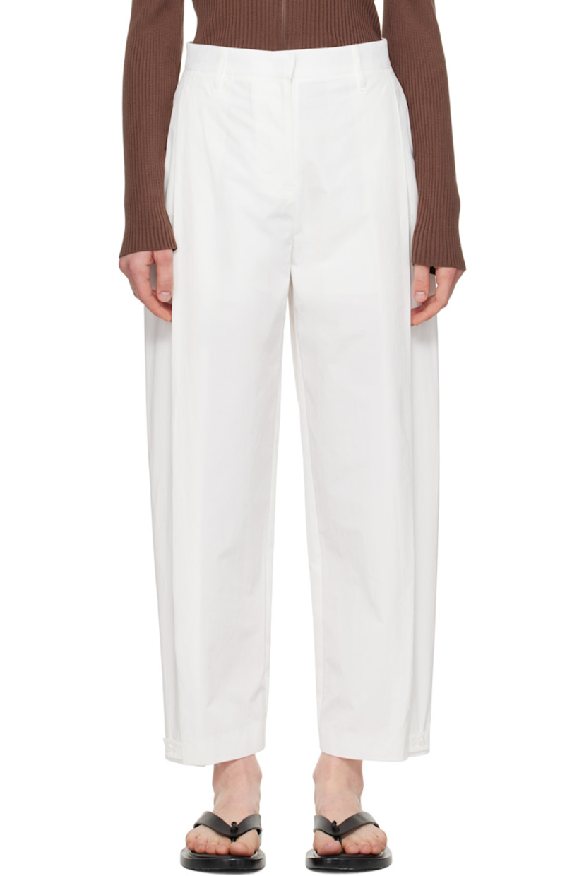 Lightweight polyester- and cotton-blend poplin trousers.

· High-rise
· Belt loops
· Four-pocket styling
· Zip fly
· Pleats at front 
· Adjustable button tab at cuffs
· Darts at back waistband

Supplier color: White