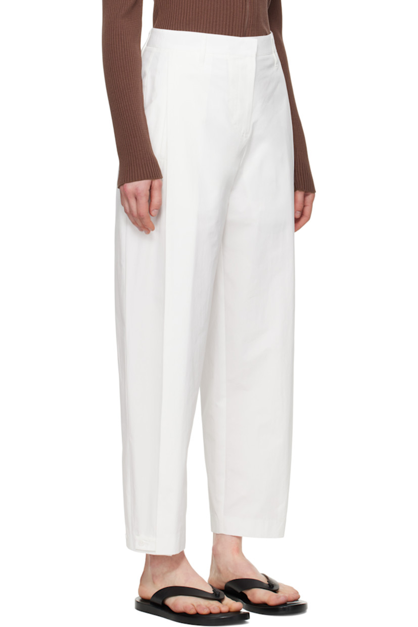 Lightweight polyester- and cotton-blend poplin trousers.

· High-rise
· Belt loops
· Four-pocket styling
· Zip fly
· Pleats at front 
· Adjustable button tab at cuffs
· Darts at back waistband

Supplier color: White