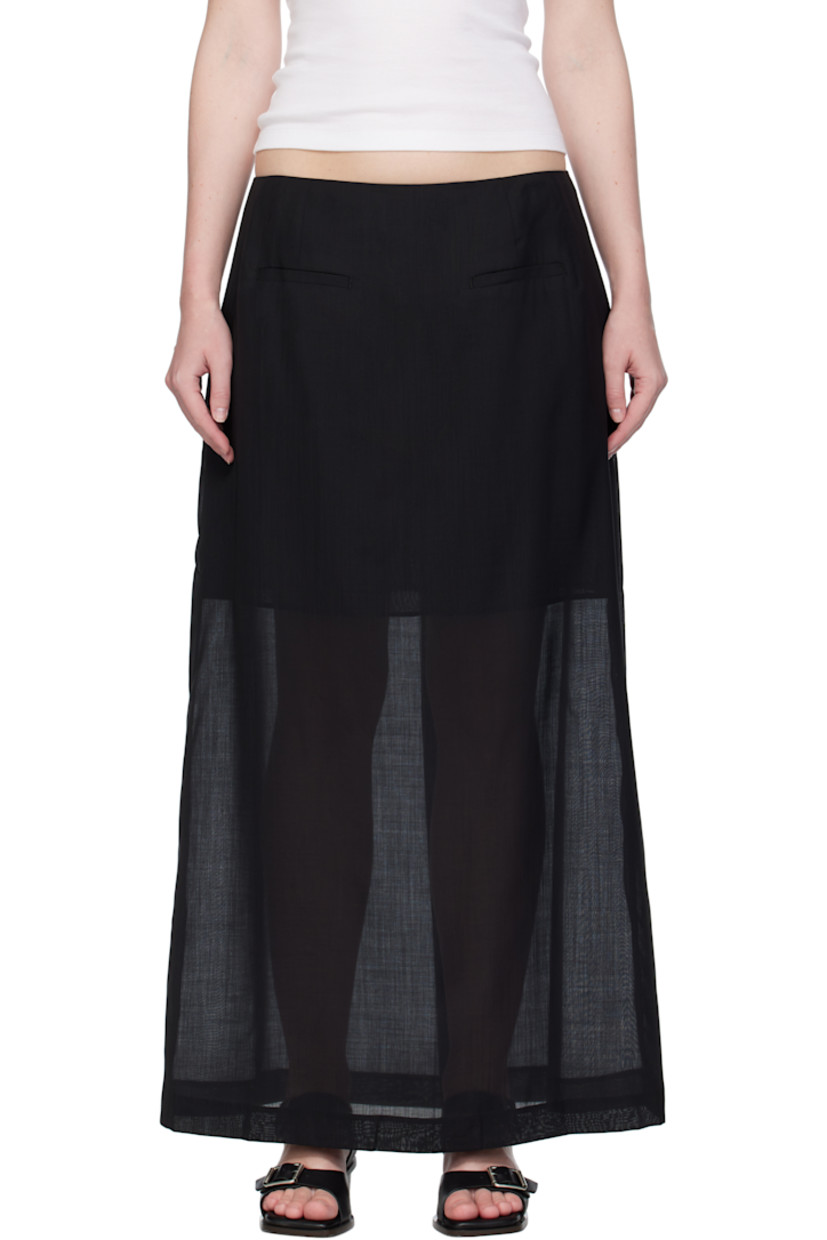 Semi-sheer woven wool-blend maxi skirt.

· Lightweight
· Two-pocket styling
· Darts at waist
· Vent at back hem
· Partial cotton poplin lining

Supplier color: Black
