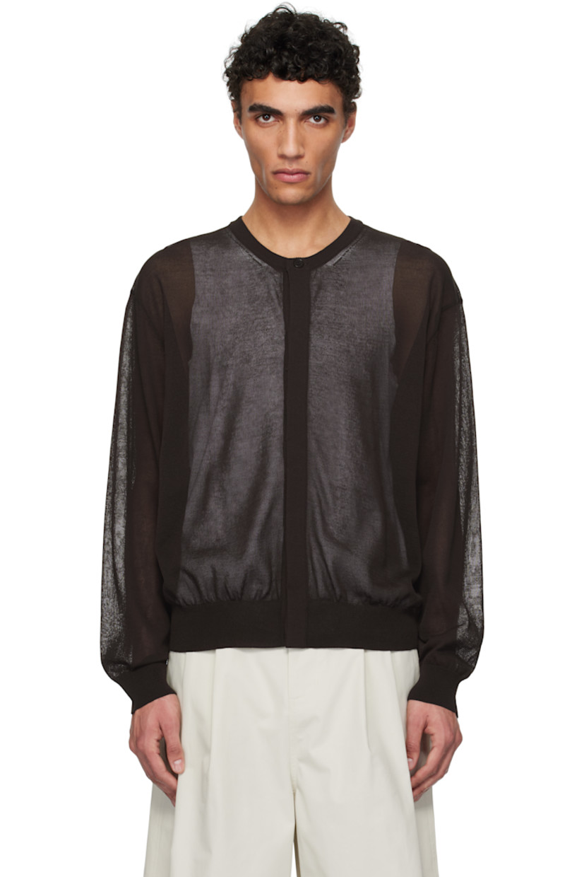 Lightweight semi-sheer knit cotton-blend cardigan.

· Rib-knit crewneck, hem, and cuffs
· Concealed button closure
· Dropped shoulders

Supplier color: Dark brown