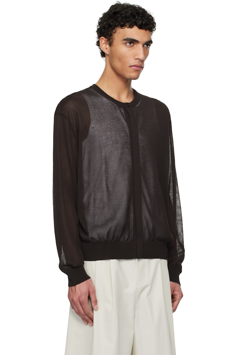 Lightweight semi-sheer knit cotton-blend cardigan.

· Rib-knit crewneck, hem, and cuffs
· Concealed button closure
· Dropped shoulders

Supplier color: Dark brown