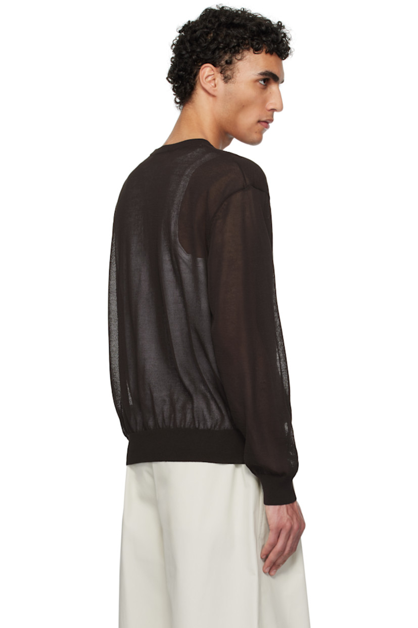 Lightweight semi-sheer knit cotton-blend cardigan.

· Rib-knit crewneck, hem, and cuffs
· Concealed button closure
· Dropped shoulders

Supplier color: Dark brown