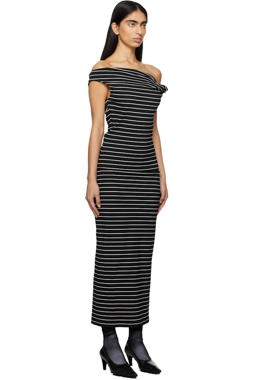 Knit stretch viscose-blend midi dress. Stripes throughout.

· Off-the-shoulder construction
· Twisted detailing at asymmetric neck
· Logo patch at back collar

Supplier color: Black