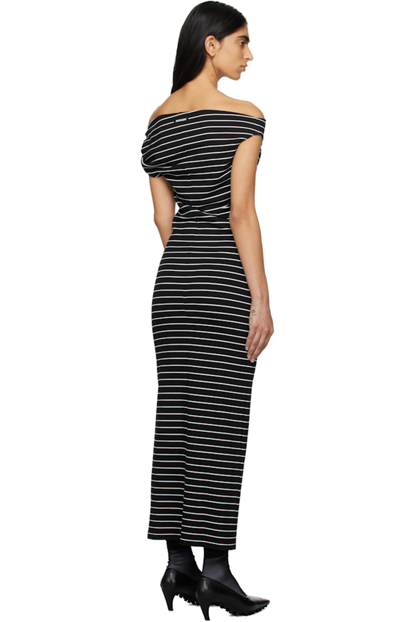 Knit stretch viscose-blend midi dress. Stripes throughout.

· Off-the-shoulder construction
· Twisted detailing at asymmetric neck
· Logo patch at back collar

Supplier color: Black