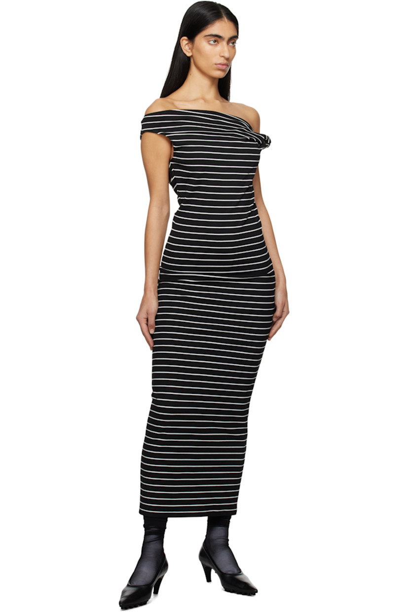 Knit stretch viscose-blend midi dress. Stripes throughout.

· Off-the-shoulder construction
· Twisted detailing at asymmetric neck
· Logo patch at back collar

Supplier color: Black