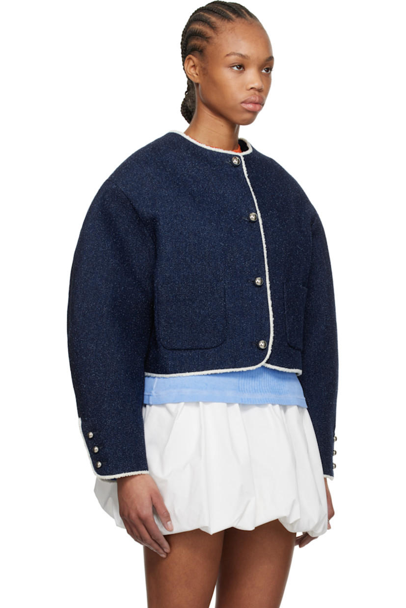 Non-stretch denim jacket. Bouclé detailing throughout.

· Round neck
· Button closure
· Patch pockets
· Cropped hem
· Dropped shoulders
· Three-button surgeon's cuffs
· Full logo-woven satin lining 
· Silver-tone hardware 

Supplier color: Blue denim