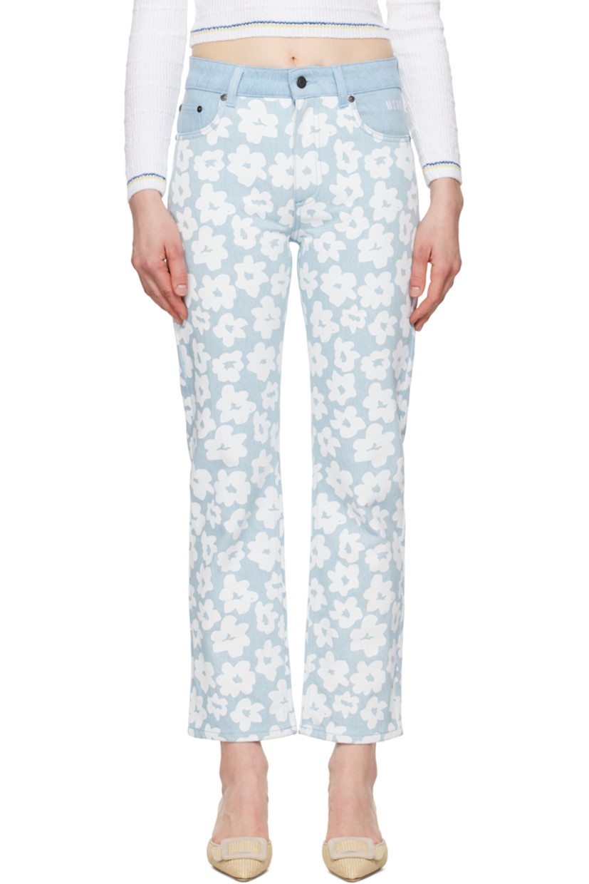 Non-stretch denim jeans. Floral pattern printed throughout. 

· Belt loops
· Five-pocket styling
· Zip fly
· Logo embroidered at front
· Leather logo patch at back waistband
· Logo-engraved gunmetal-tone hardware

Supplier color: Light blue