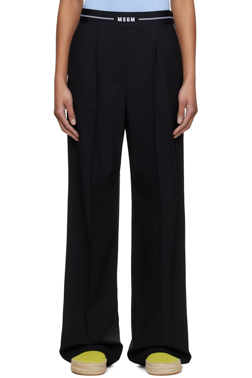 Plain-woven stretch virgin wool trousers. 

· Jacquard logo and stripes at elasticized waistband
· Three-pocket styling
· Mock fly 
· Pleats at front 
· Creased legs
· Zip closure at side seam
· Partial crêpe lining

Supplier color: Black