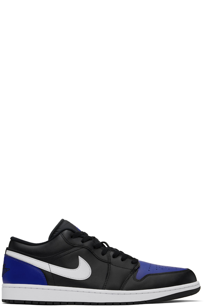 Low-top buffed leather sneakers in navy and black.

· Perforated detailing at toe
· Lace-up closure
· Logo embroidered at padded tongue
· Padded collar
· Swoosh appliqué at sides
· Logo embroidered at heel counter
· Mesh lining
· Treaded rubber sole

Please note that this item may be shipped only within North America.

Supplier color: Black/Game royal/White