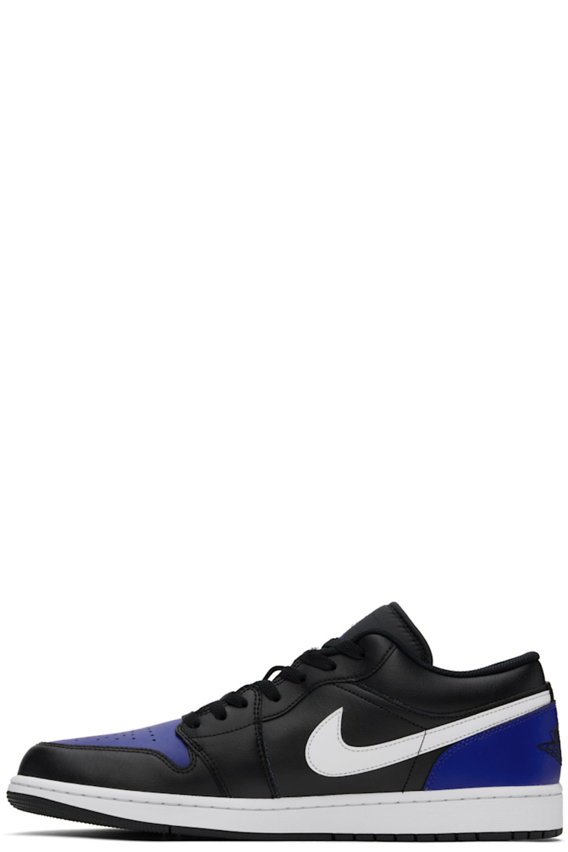 Low-top buffed leather sneakers in navy and black.

· Perforated detailing at toe
· Lace-up closure
· Logo embroidered at padded tongue
· Padded collar
· Swoosh appliqué at sides
· Logo embroidered at heel counter
· Mesh lining
· Treaded rubber sole

Please note that this item may be shipped only within North America.

Supplier color: Black/Game royal/White