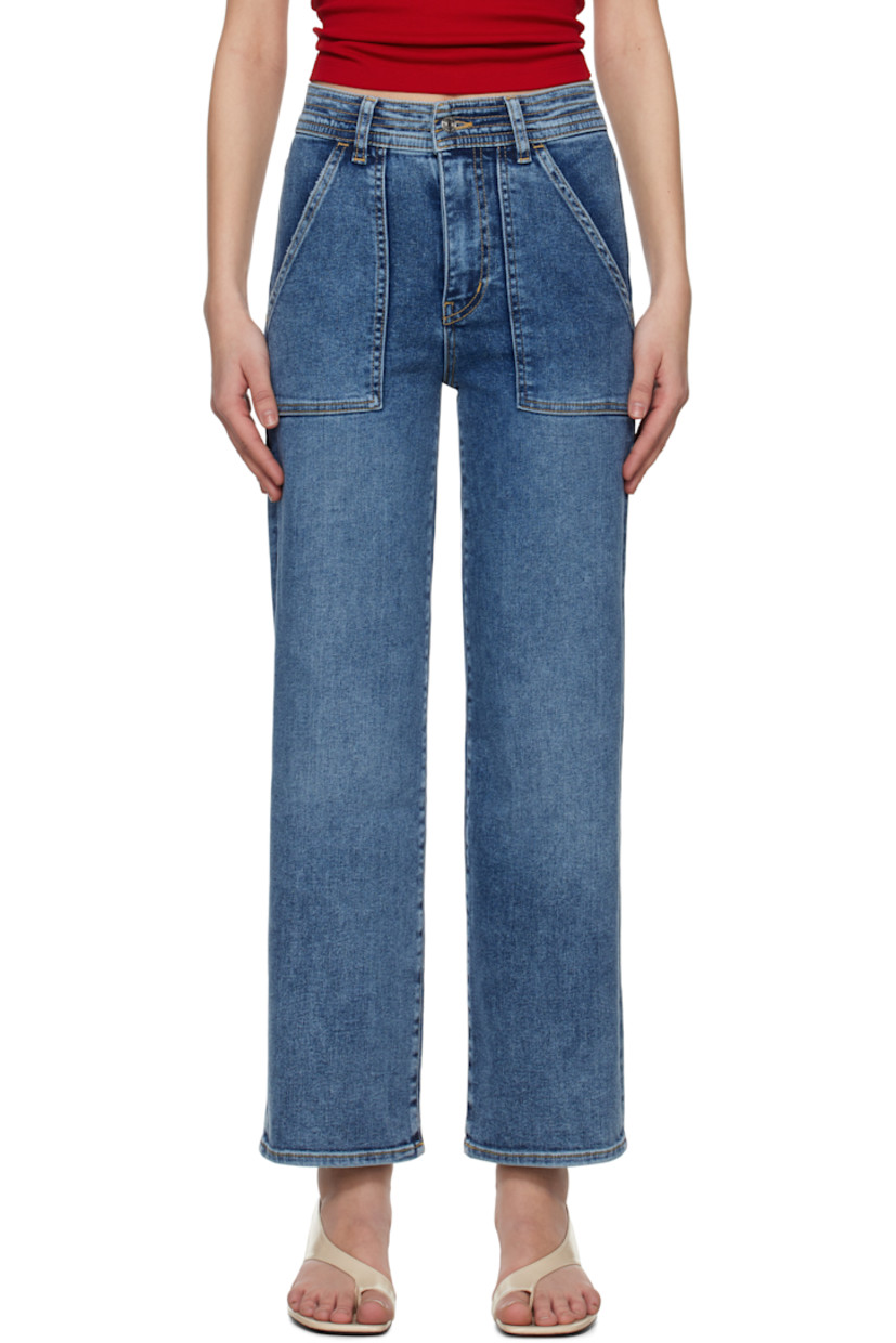 Straight-leg stretch denim jeans. Fading and subtle distressing throughout.

· High-rise
· Belt loops
· Topstitching at waistband 
· Four-pocket styling
· Zip fly
· Logo-engraved silver-tone hardware
· Contrast stitching in tan

Supplier color: Dark indigo wash
