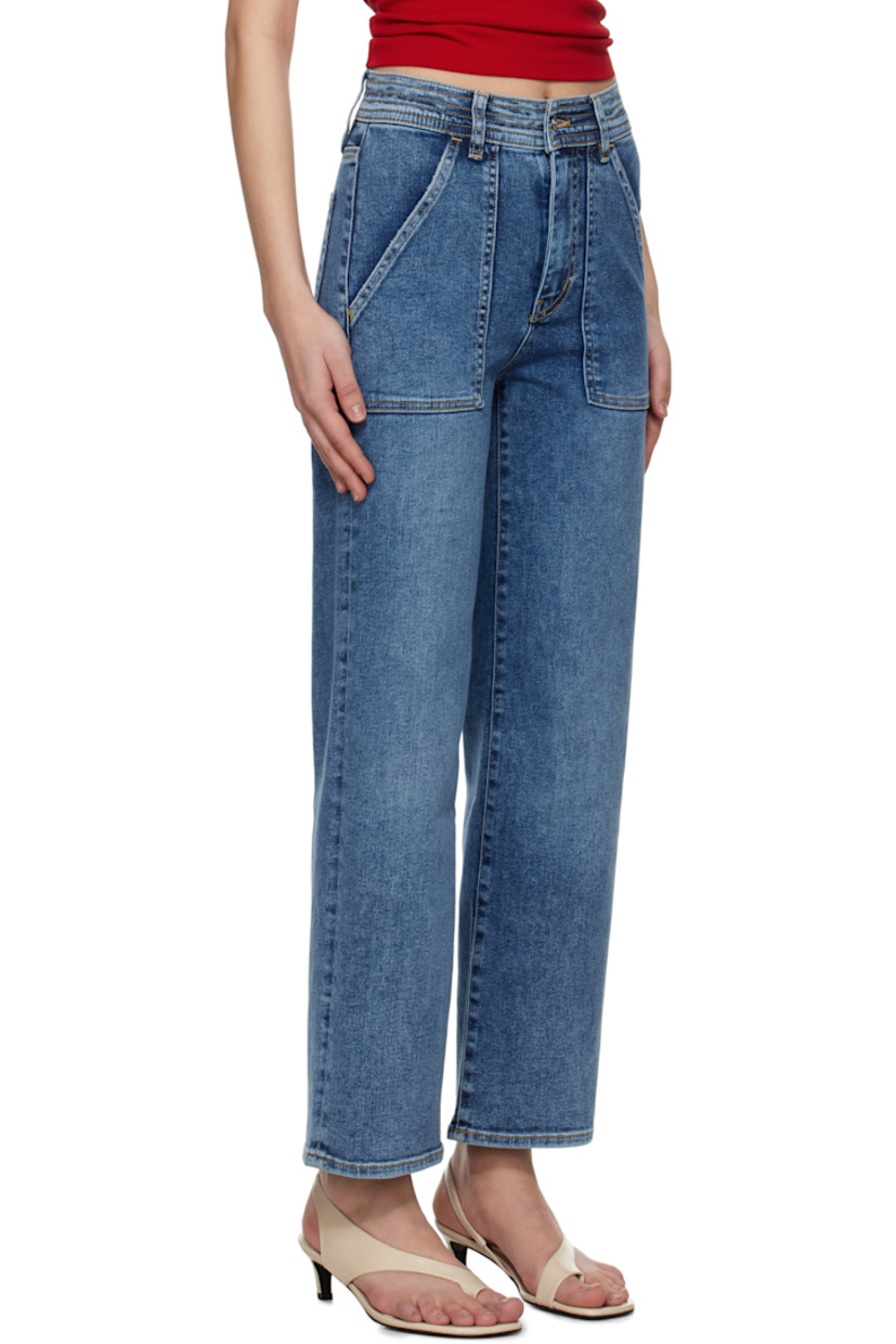 Straight-leg stretch denim jeans. Fading and subtle distressing throughout.

· High-rise
· Belt loops
· Topstitching at waistband 
· Four-pocket styling
· Zip fly
· Logo-engraved silver-tone hardware
· Contrast stitching in tan

Supplier color: Dark indigo wash