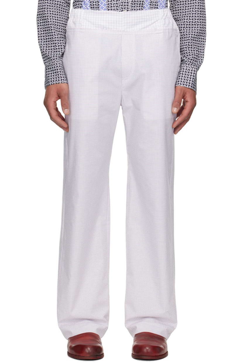Plain-woven cotton trousers. Check pattern throughout. 

· Partially elasticized twill waistband 
· Concealed drawstring at waistband
· Raw edge at waistband
· Four-pocket styling 
· Mock fly

Supplier color: White/Navy/Burgundy