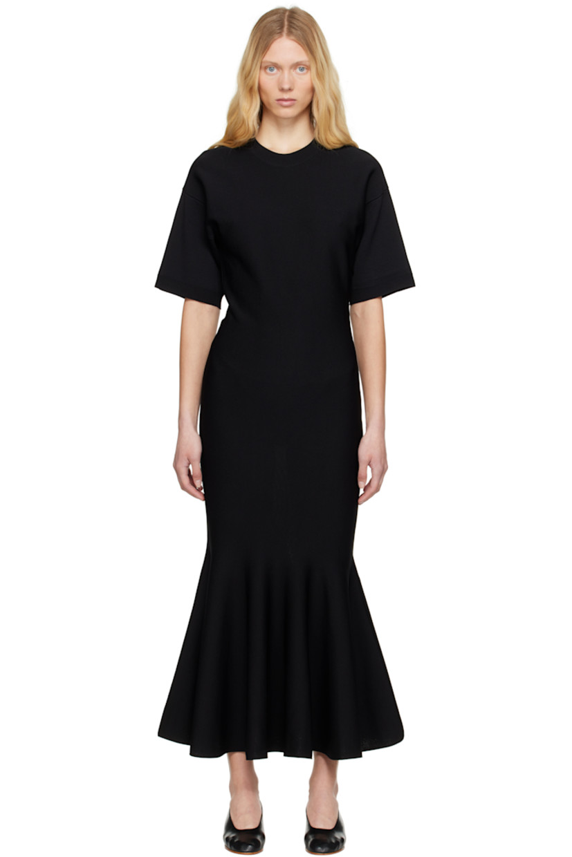 Knit viscose-blend maxi dress.

· Rib-knit crewneck and cuffs
· Godet panels at hem
· Concealed zip closure at side seam
· Dropped shoulders

Supplier color: Black