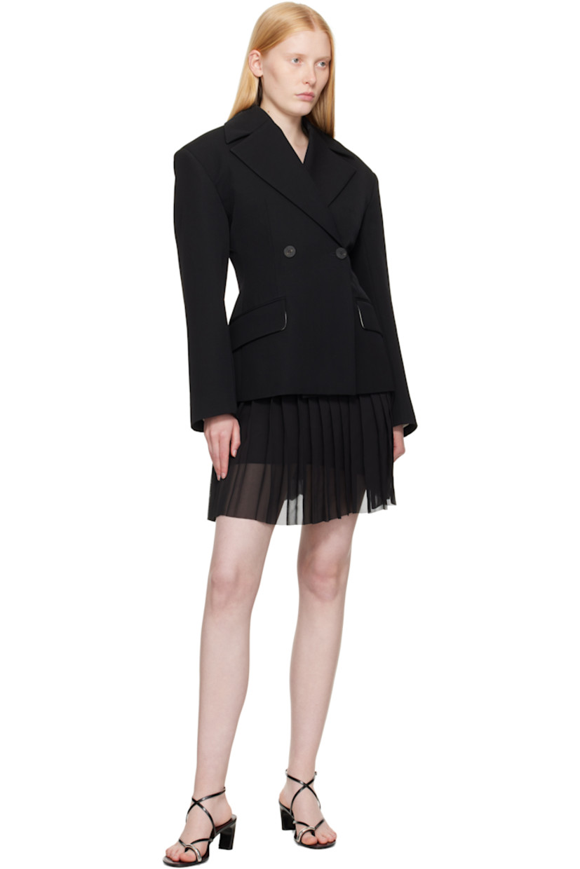 Polyester crêpe miniskirt. Knife pleats throughout.

· Raw edge at elasticized waistband and hem
· Cinch strap and adjustable button fastening at side seam
· Fully lined

Supplier color: Black