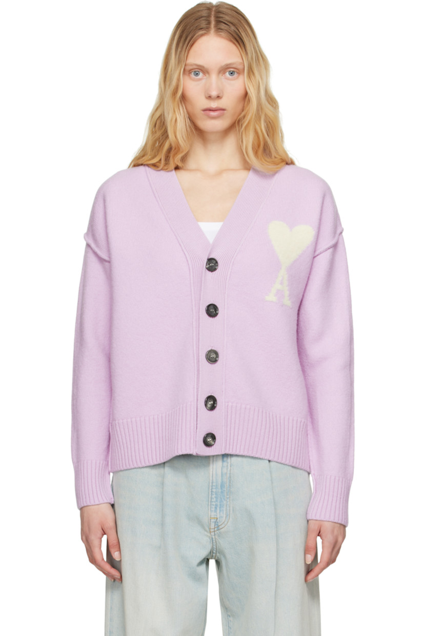 Felted knit virgin wool cardigan. Inverted seams throughout.

· Rib-knit Y-neck, placket, hem, and cuffs
· Button closure
· Intarsia logo at chest
· Dropped shoulders

Supplier color: Lilac/Off white