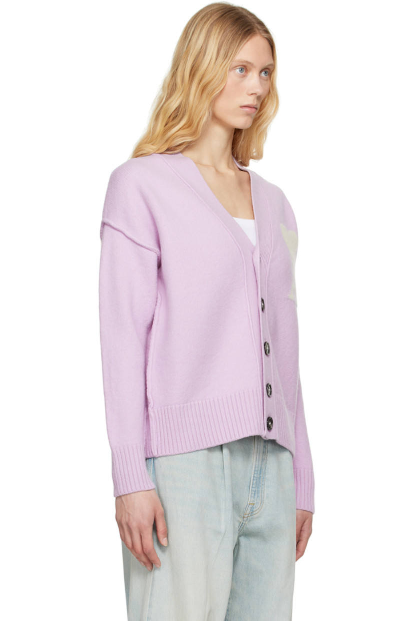 Felted knit virgin wool cardigan. Inverted seams throughout.

· Rib-knit Y-neck, placket, hem, and cuffs
· Button closure
· Intarsia logo at chest
· Dropped shoulders

Supplier color: Lilac/Off white