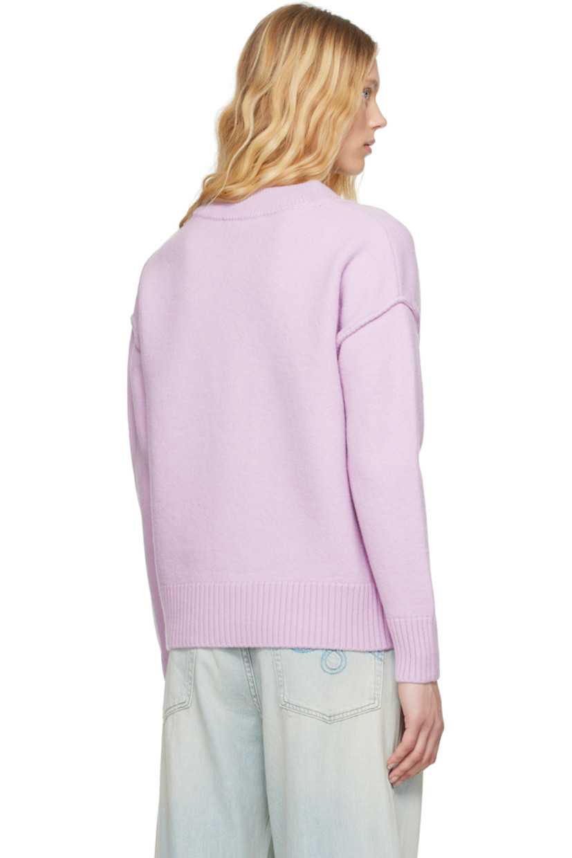 Felted knit virgin wool cardigan. Inverted seams throughout.

· Rib-knit Y-neck, placket, hem, and cuffs
· Button closure
· Intarsia logo at chest
· Dropped shoulders

Supplier color: Lilac/Off white