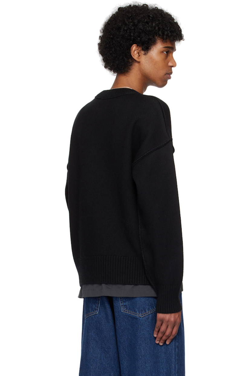 Felted knit virgin wool sweater. Inverted seams throughout.

· Rib-knit crewneck, hem, and cuffs
· Intarsia logo at chest
· Dropped shoulders

Supplier color: Black/Red