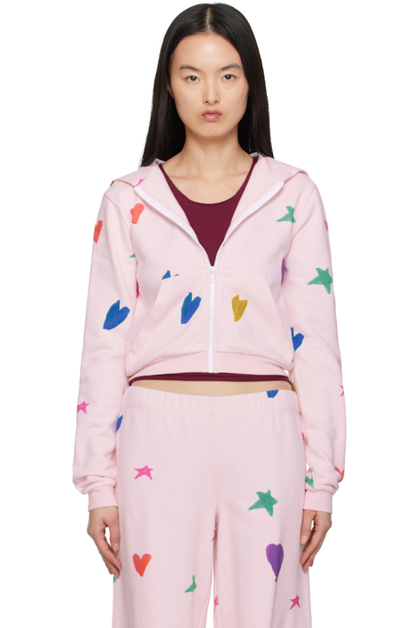 French terry hoodie. Graphic pattern printed throughout.

· Zip closure
· Patch pockets
· Rib-knit cropped hem and cuffs 

Featuring artwork made in collaboration with the children of RIVER FUND NY.

Supplier color: Pink