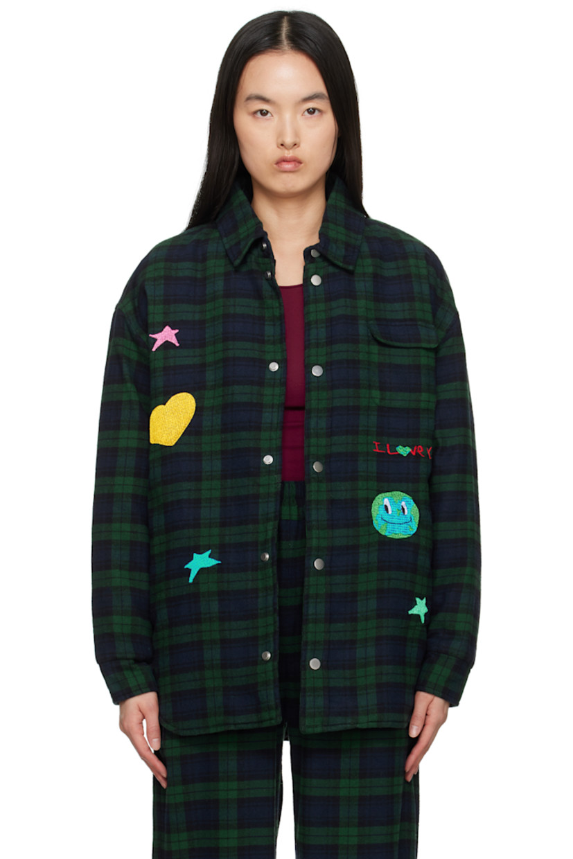 Insulated cotton flannel jacket. Check pattern throughout. 

· Spread collar
· Press-stud closure 
· Flap pocket at chest
· Embroidered graphics and text at front
· Shirttail hem
· Press-stud barrel cuffs
· Box pleat at back yoke 
· Embroidered text at back hem
· Full quilted lining 

Featuring artwork made in collaboration with the children of RIVER FUND NY.

Supplier color: Plaid