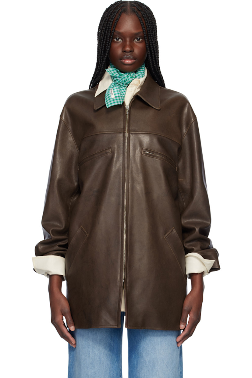 Hand-dyed grained lambskin jacket.

· Spread collar
· Zip closure
· Zip and welt pockets
· Press-stud barrel cuffs
· Elasticized back waist
· Welt pocket at interior
· Full cupro satin lining

Supplier color: Brown