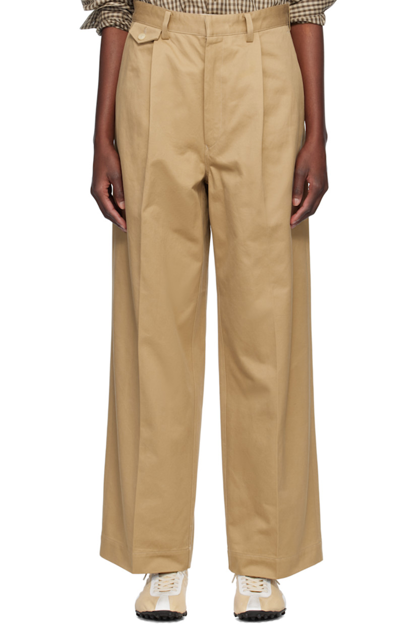 Wide-leg cotton twill trousers.

· Belt loops
· Five-pocket styling
· Zip fly
· Pleats at front
· Creased legs

Supplier color: Camel brown