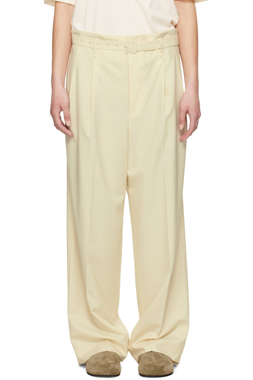 Wide-leg Superfine 180s wool twill trousers.

· Belt loops 
· Detachable pin-buckle belt at waistband
· Four-pocket styling
· Zip fly
· Pleats at front
· Creased legs
· Partial cupro satin lining

Supplier color: Ivory