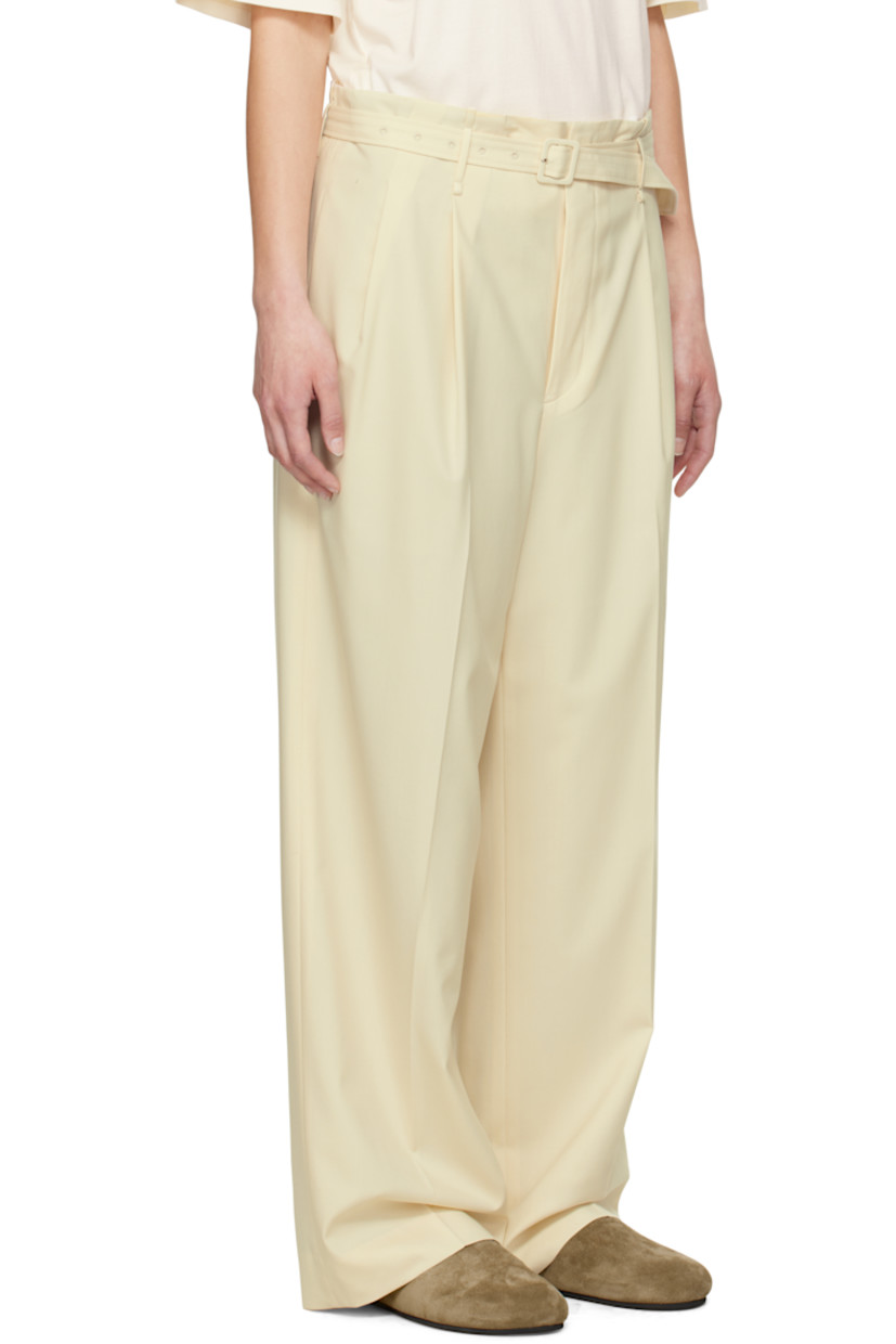 Wide-leg Superfine 180s wool twill trousers.

· Belt loops 
· Detachable pin-buckle belt at waistband
· Four-pocket styling
· Zip fly
· Pleats at front
· Creased legs
· Partial cupro satin lining

Supplier color: Ivory
