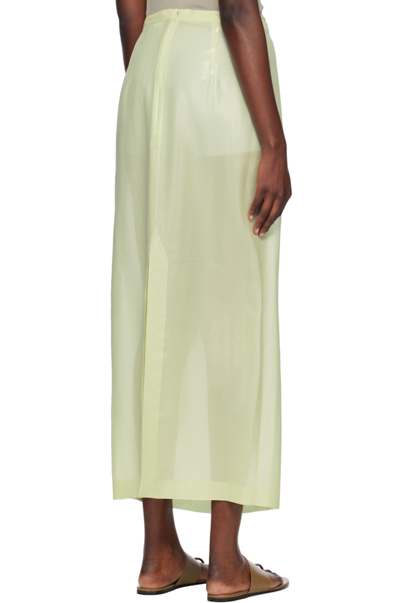Foil-coated silk lawn cloth maxi skirt.

· Semi-sheer
· Darts at waist
· Zip closure and slit at back

Supplier color: Pale green