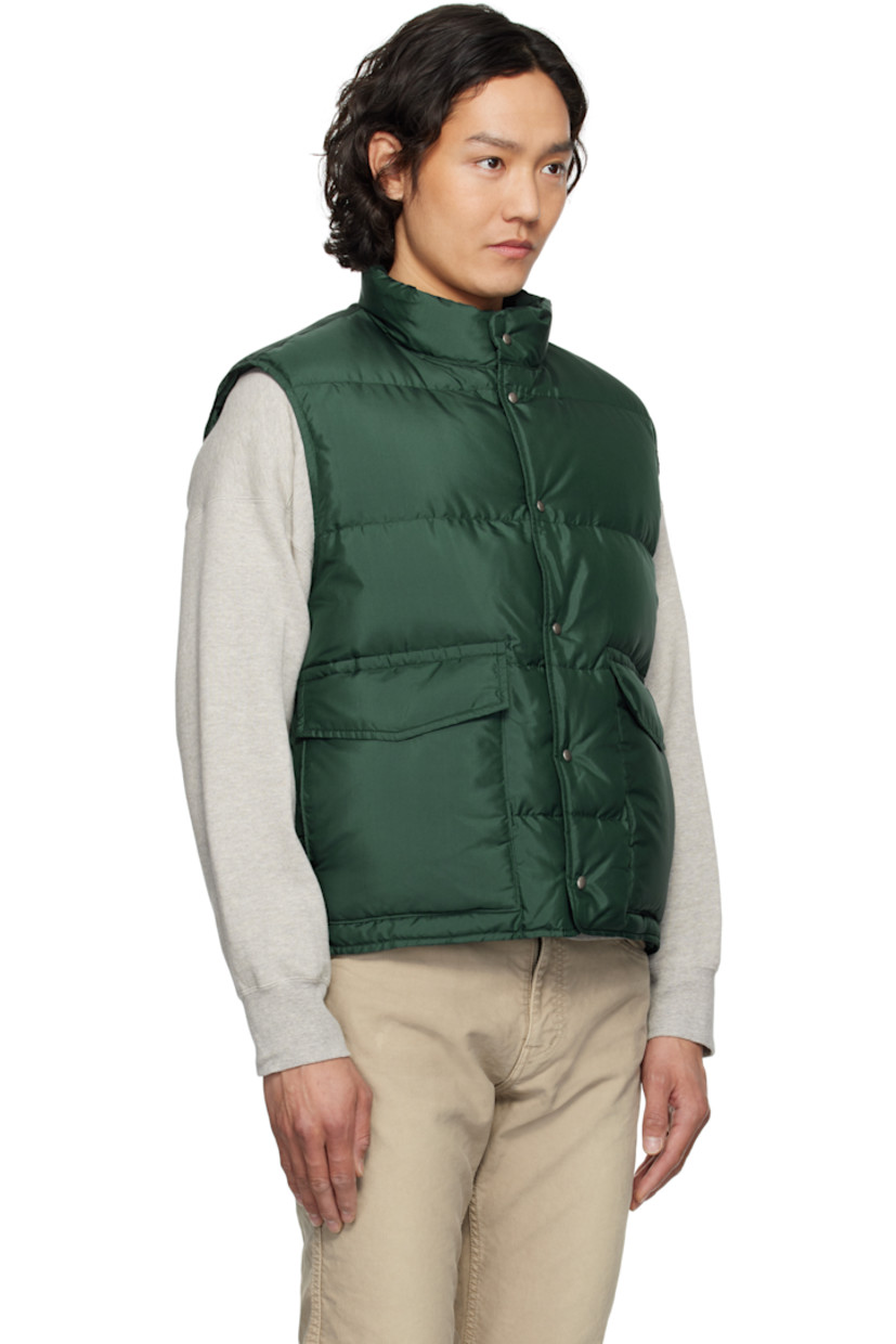 Down-filled and quilted silk satin vest. 

· Stand collar
· Press-stud closure
· Flap pockets
· Welt pocket at interior 
· Fully lined

Supplier color: Green

Fill: 90% down, 10% feather.