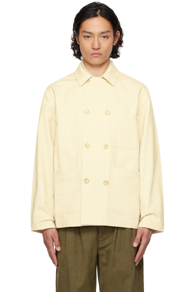 Cotton twill jacket.

· Spread collar
· Double-breasted button closure
· Patch pockets 
· Patch pockets at interior
· Unlined 

Supplier color: Ecru