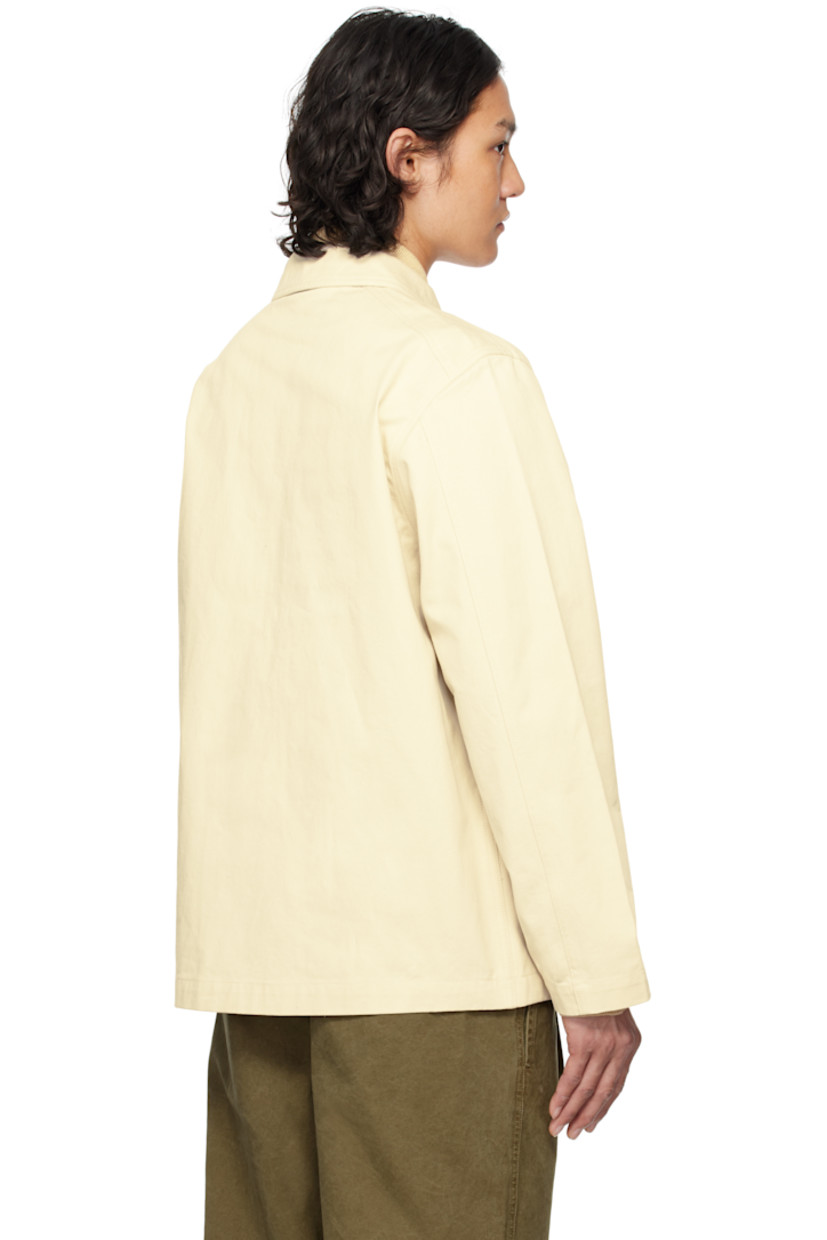 Cotton twill jacket.

· Spread collar
· Double-breasted button closure
· Patch pockets 
· Patch pockets at interior
· Unlined 

Supplier color: Ecru