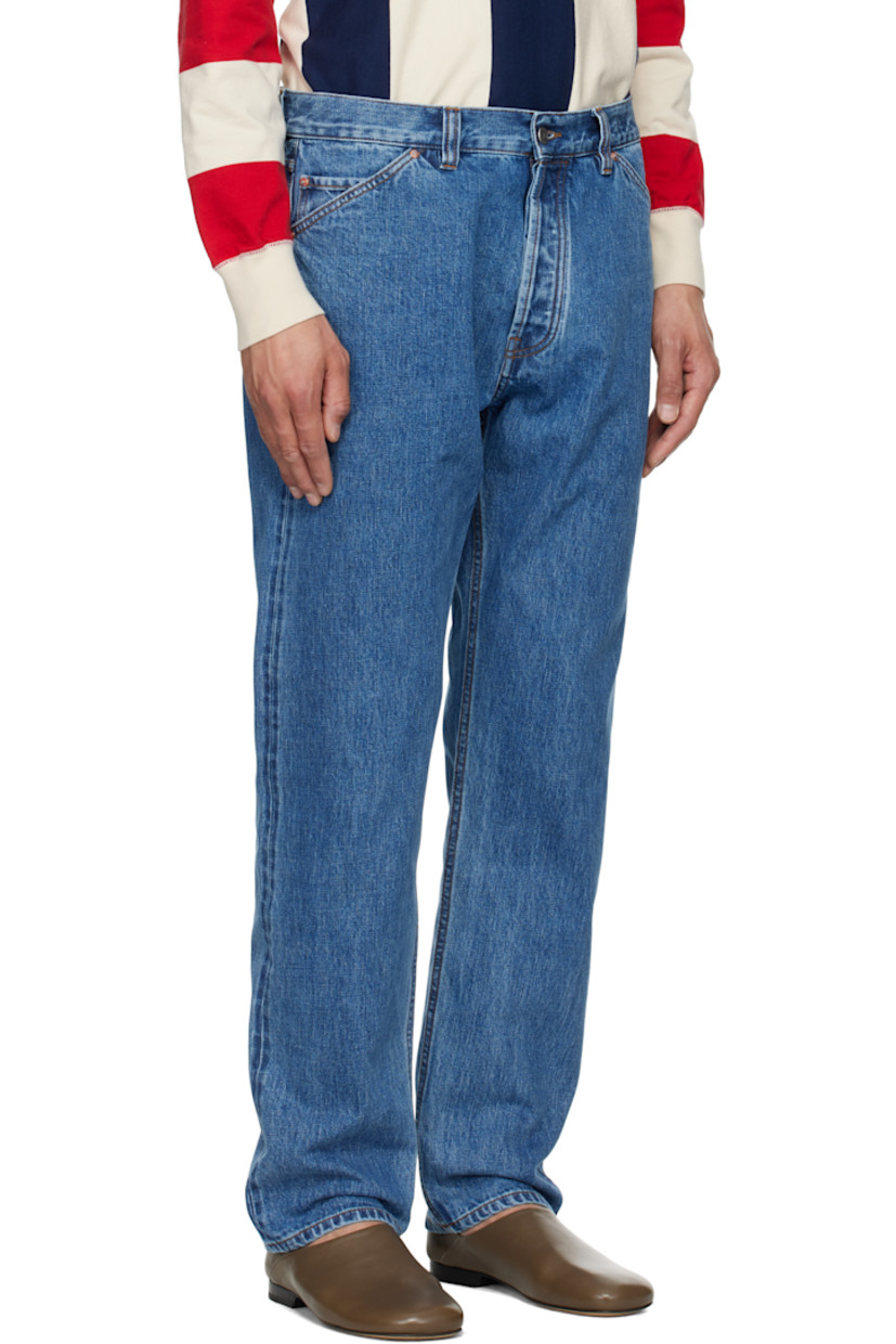Stonewashed 14.2 oz non-stretch selvage denim jeans. Fading throughout.

· Tapered leg
· High-rise
· Belt loops
· Five-pocket styling
· Button-fly
· Suede logo patch at back waistband
· Logo-engraved silver- and copper-tone hardware
· Contrast stitching in tan

Supplier color: Bleach wash