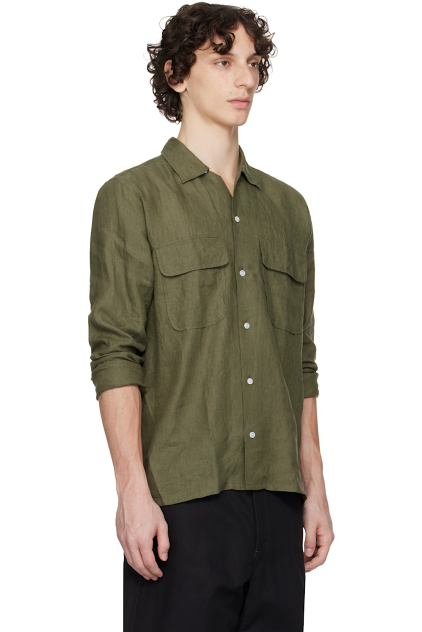 Handcrafted linen hopsack shirt. 

· Button tab at open spread collar 
· Button closure
· Flap pockets
· Vented side seams
· Pleats at buttoned barrel cuffs
· Twin pleats at back yoke 
· Mother-of-pearl hardware

Supplier color: Khaki