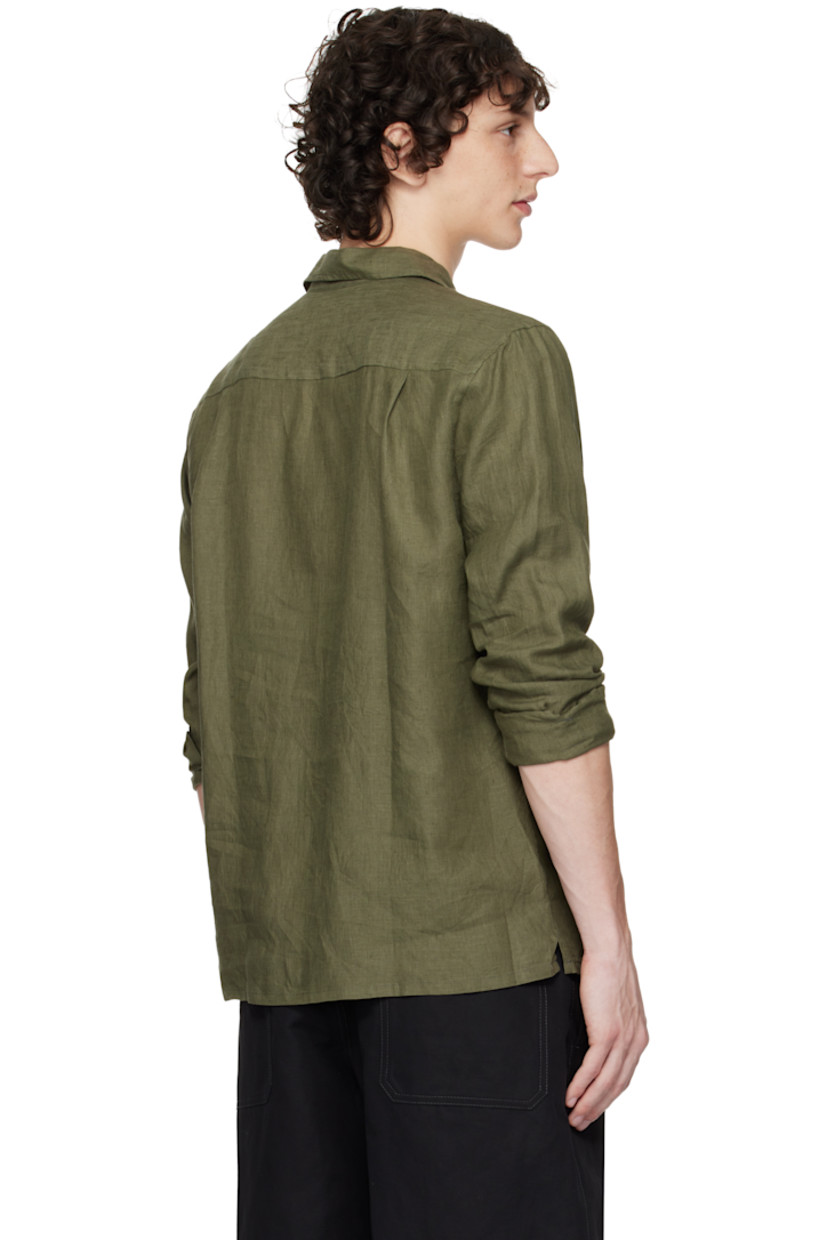 Handcrafted linen hopsack shirt. 

· Button tab at open spread collar 
· Button closure
· Flap pockets
· Vented side seams
· Pleats at buttoned barrel cuffs
· Twin pleats at back yoke 
· Mother-of-pearl hardware

Supplier color: Khaki