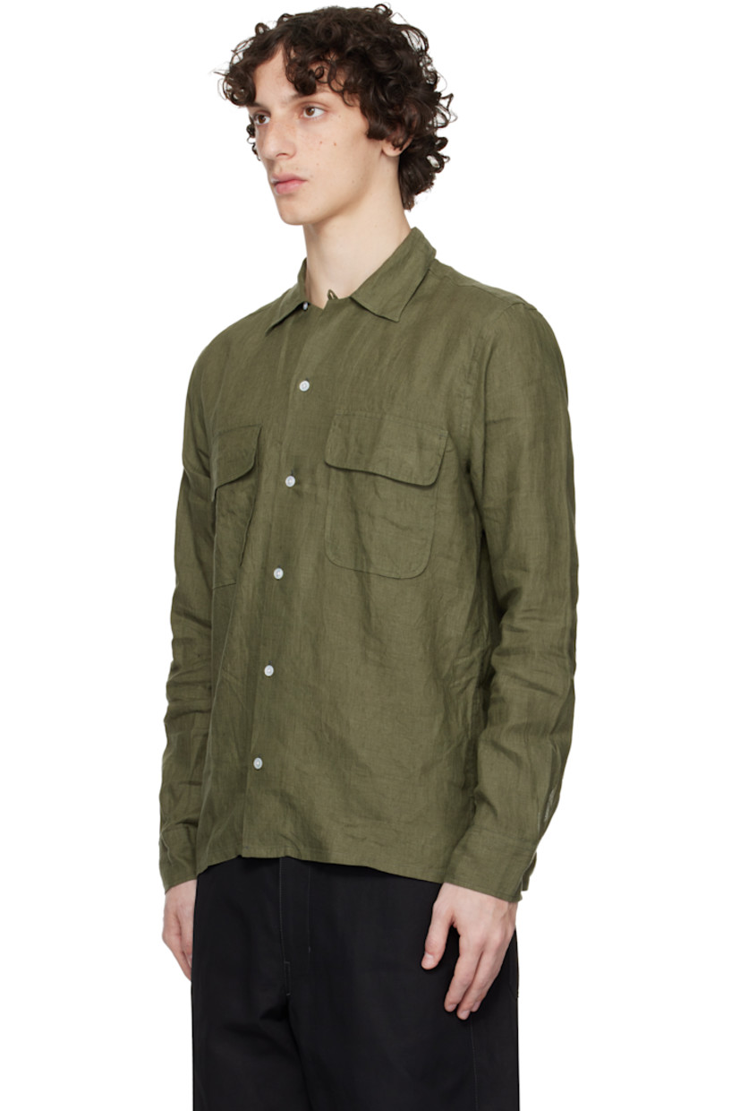 Handcrafted linen hopsack shirt. 

· Button tab at open spread collar 
· Button closure
· Flap pockets
· Vented side seams
· Pleats at buttoned barrel cuffs
· Twin pleats at back yoke 
· Mother-of-pearl hardware

Supplier color: Khaki