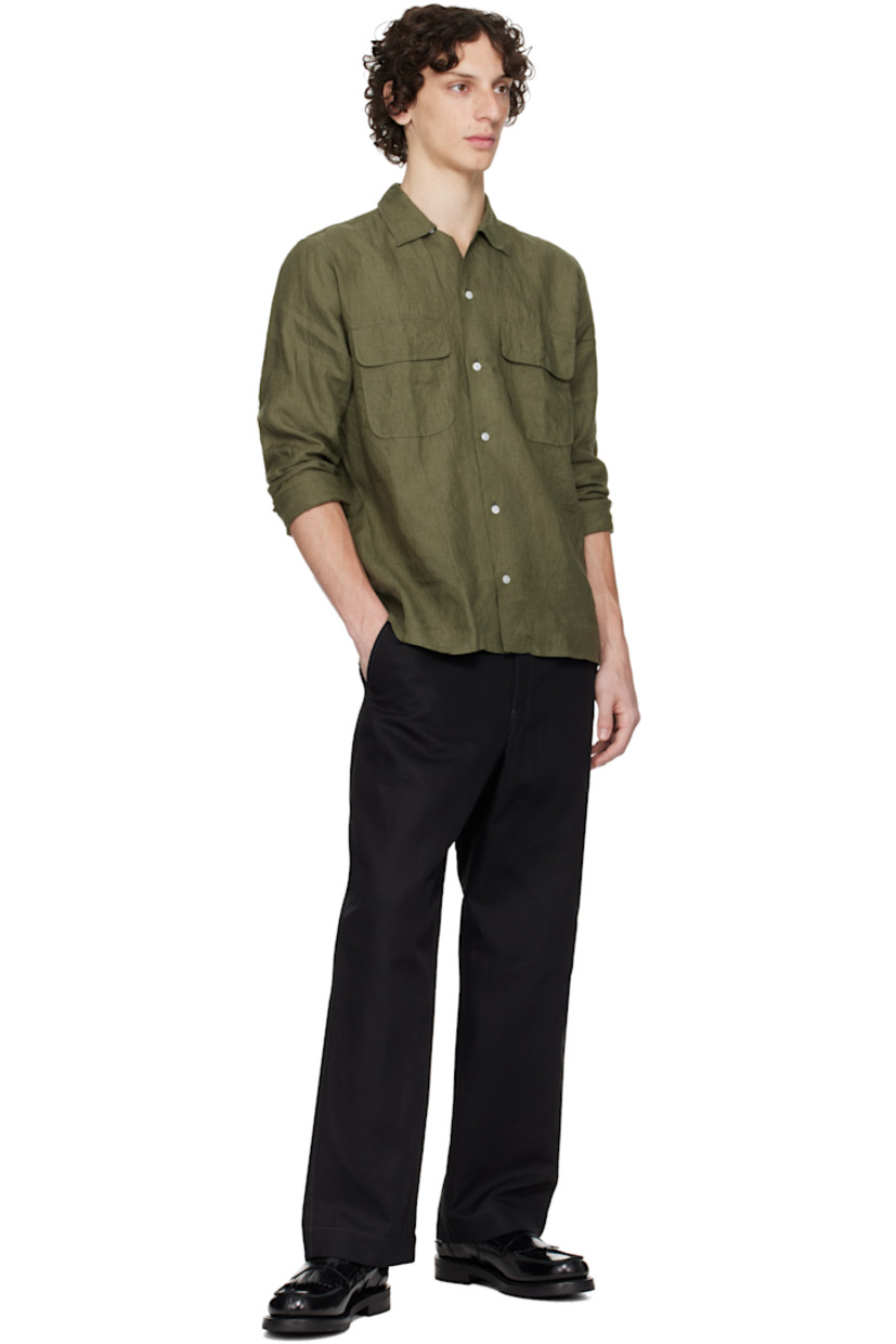 Handcrafted linen hopsack shirt. 

· Button tab at open spread collar 
· Button closure
· Flap pockets
· Vented side seams
· Pleats at buttoned barrel cuffs
· Twin pleats at back yoke 
· Mother-of-pearl hardware

Supplier color: Khaki