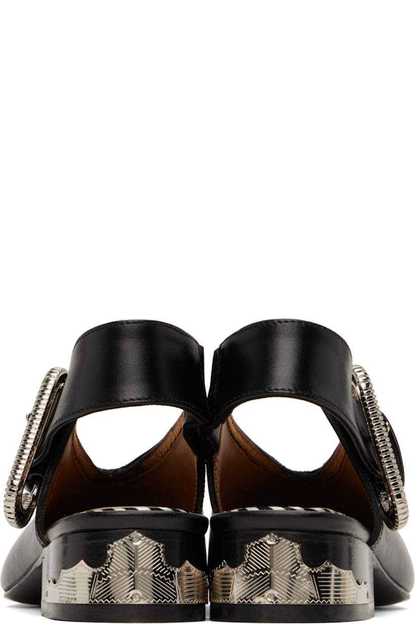 Buffed leather flats in black.

· Square toe
· Partially elasticized pin-buckle slingback strap
· Plaque at heel
· Stacked leather heel with rubber injection
· Leather sole
· Heel: H1.25"

Available exclusively at SSENSE.

Supplier color: Black