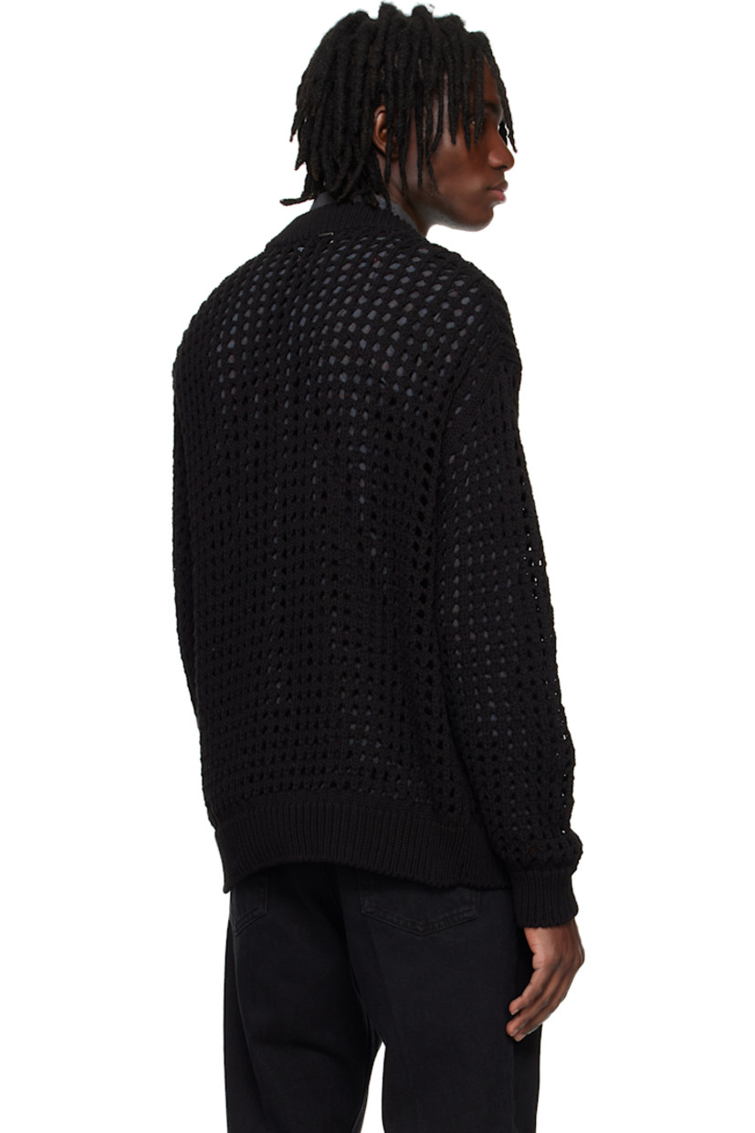 Open-knit cotton cardigan.

· Rib-knit Y-neck, hem, and cuffs
· Self-tie fastening
· Hardware at back collar

Supplier color: Black