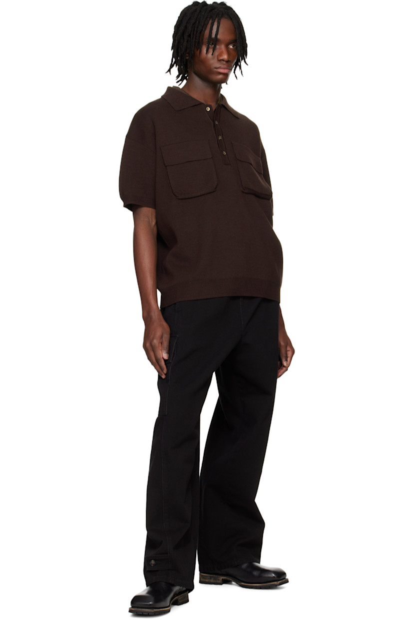 Knit wool-blend polo.

· Spread collar
· Four-button placket
· Bellows pockets at chest
· Rib-knit hem and cuffs
· Dropped shoulders
· Logo plaque at back collar 

Supplier color: Chocolate brown