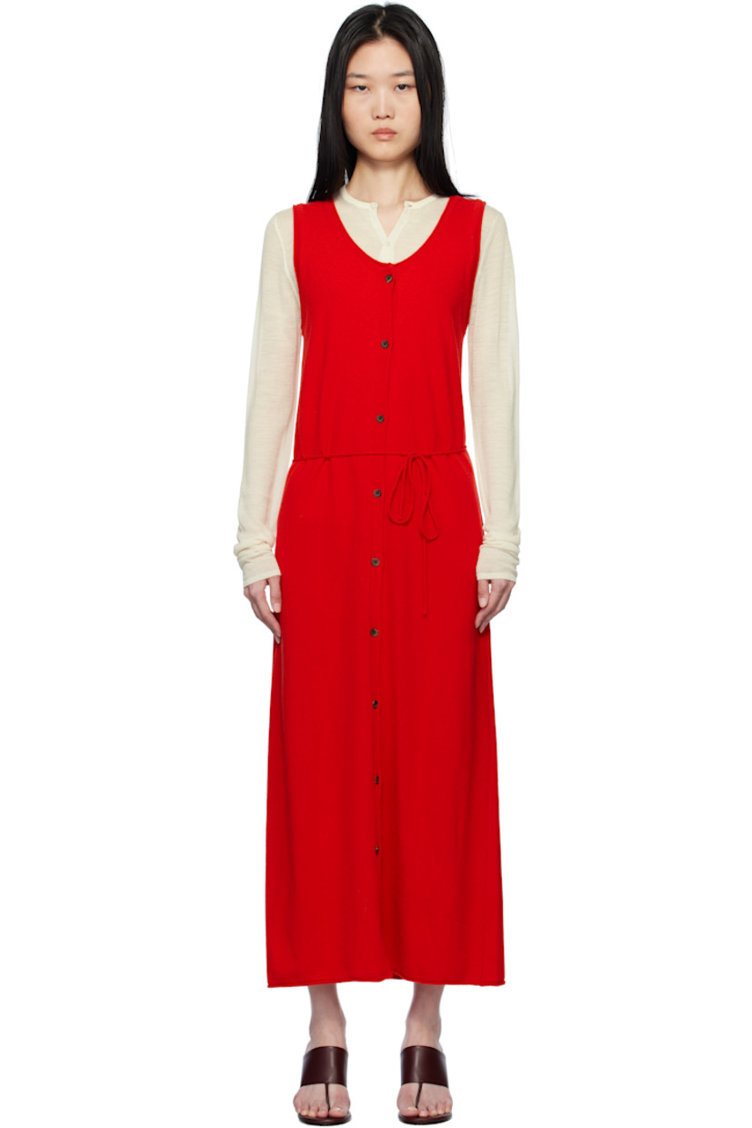 Knit wool-blend maxi dress.

· Rolled edge at scoop neck, hem, and armscyes
· Button closure 
· Detachable self-tie belt at waist 

Supplier color: Red