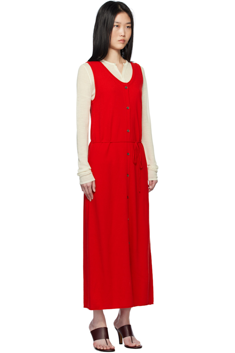 Knit wool-blend maxi dress.

· Rolled edge at scoop neck, hem, and armscyes
· Button closure 
· Detachable self-tie belt at waist 

Supplier color: Red